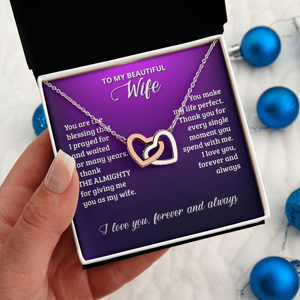 Gifts For Wife Romantic, Wife Birthday Gift Ideas, To My Beautiful Wife Necklace, Interlocking Hearts Necklace For Wife From Husband, Message Card and Gift Box
