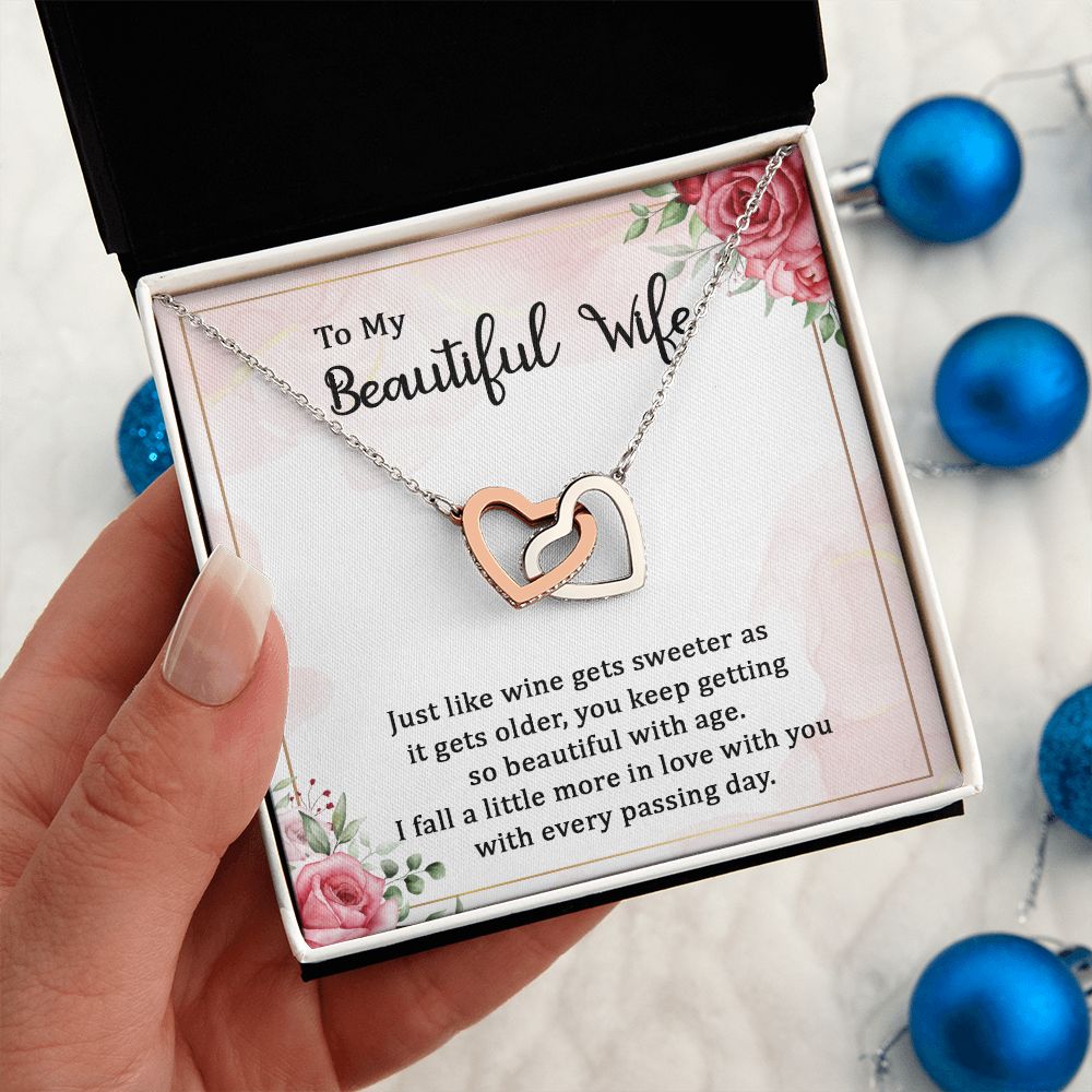 Gifts For Wife Romantic, Wife Birthday Gift Ideas, To My Beautiful Wife Necklace, Necklace For Wife From Husband, Message Card and Gift Box Interlocking Hearts Necklace