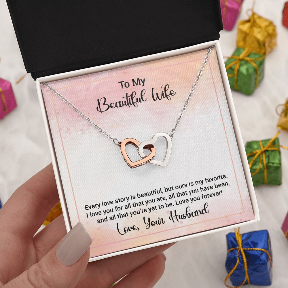 Gifts Necklace For Wife From Husband To My Beautiful Wife Necklace Interlocking Heart Pendant Necklace from Husband  On Valentines Day Anniversary with Message Card and Gift Box