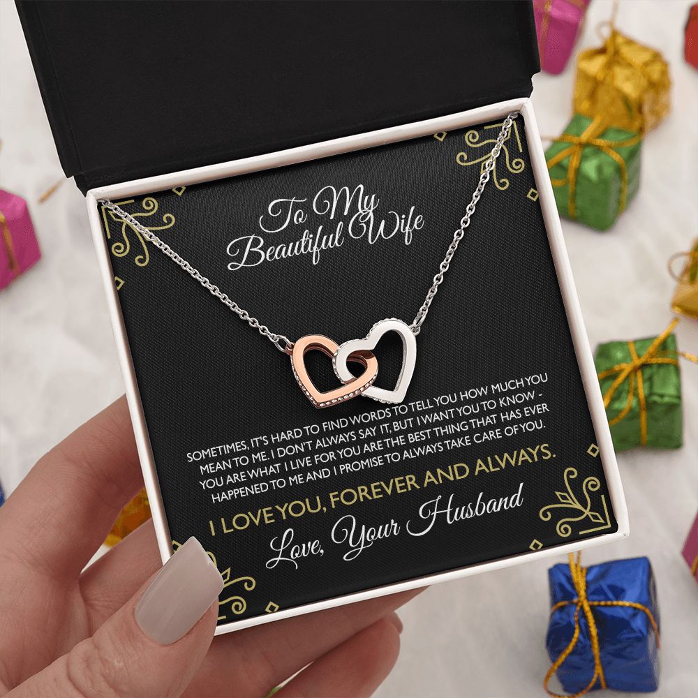 To My Beautiful Wife Necklace From Husband Interlocking Heart Necklace Pendant Jewelry with Message Card and Box Necklaces for Women Valentines Day Happy Anniversary Present for Birthday Merry Christmas for Wife