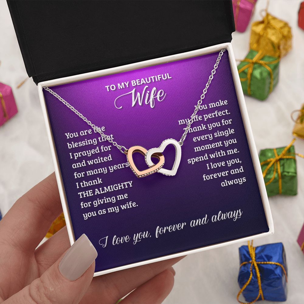 Gifts For Wife Romantic, Wife Birthday Gift Ideas, To My Beautiful Wife Necklace, Interlocking Hearts Necklace For Wife From Husband, Message Card and Gift Box
