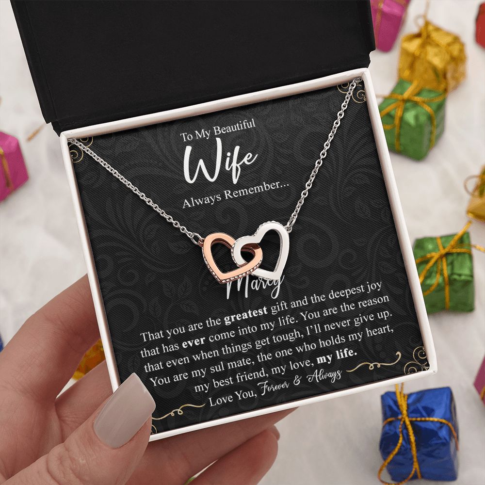 Wife Necklace Gift From Husband To My Beautiful Wife Interlocking Heart Pendant Valentines Day Anniversary Jewelry with Message Card and Gift Box Gift for Wife Necklace Gift Set for Wife