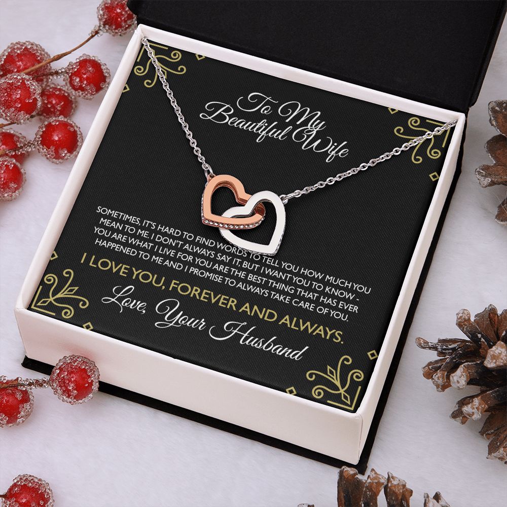 To My Beautiful Wife Necklace From Husband Interlocking Heart Necklace Pendant Jewelry with Message Card and Box Necklaces for Women Valentines Day Happy Anniversary Present for Birthday Merry Christmas for Wife
