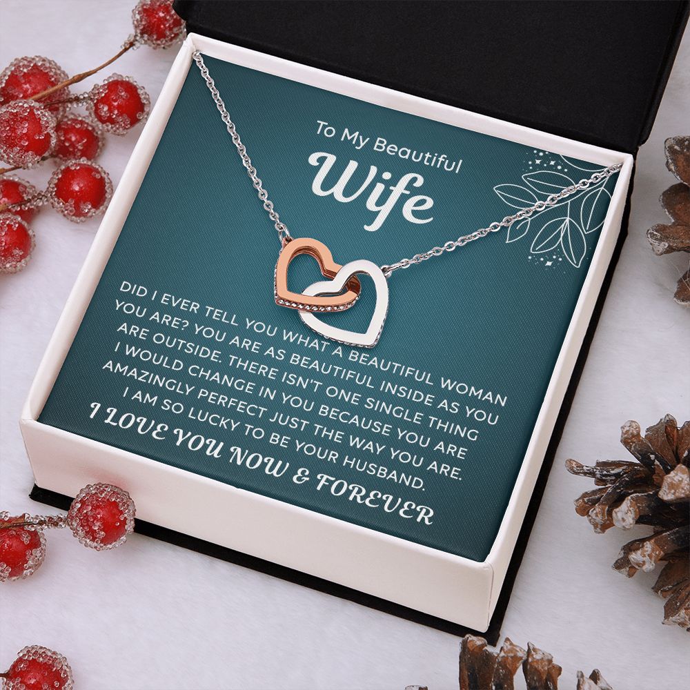 To My Beautiful Wife Necklace From Husband Interlocking Hearts Necklace for Wife Soulmate Jewelry with Message Card and Box Necklaces for Women Valentines Day Happy Anniversary Present for Birthday Merry Christmas for Wife