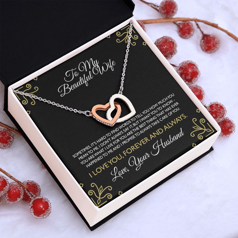 To My Beautiful Wife Necklace From Husband Interlocking Heart Necklace Pendant Jewelry with Message Card and Box Necklaces for Women Valentines Day Happy Anniversary Present for Birthday Merry Christmas for Wife