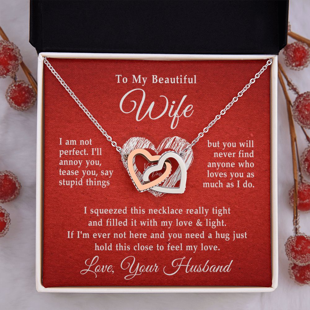 To My Beautiful Wife Necklace, Wedding Anniversary Jewelry For Women, Necklace For Wife from Husband, Gifts For Wife Birthday Gifts Necklace, Jewelry With Message Card In A Gift Box Interlocking Hearts Necklace