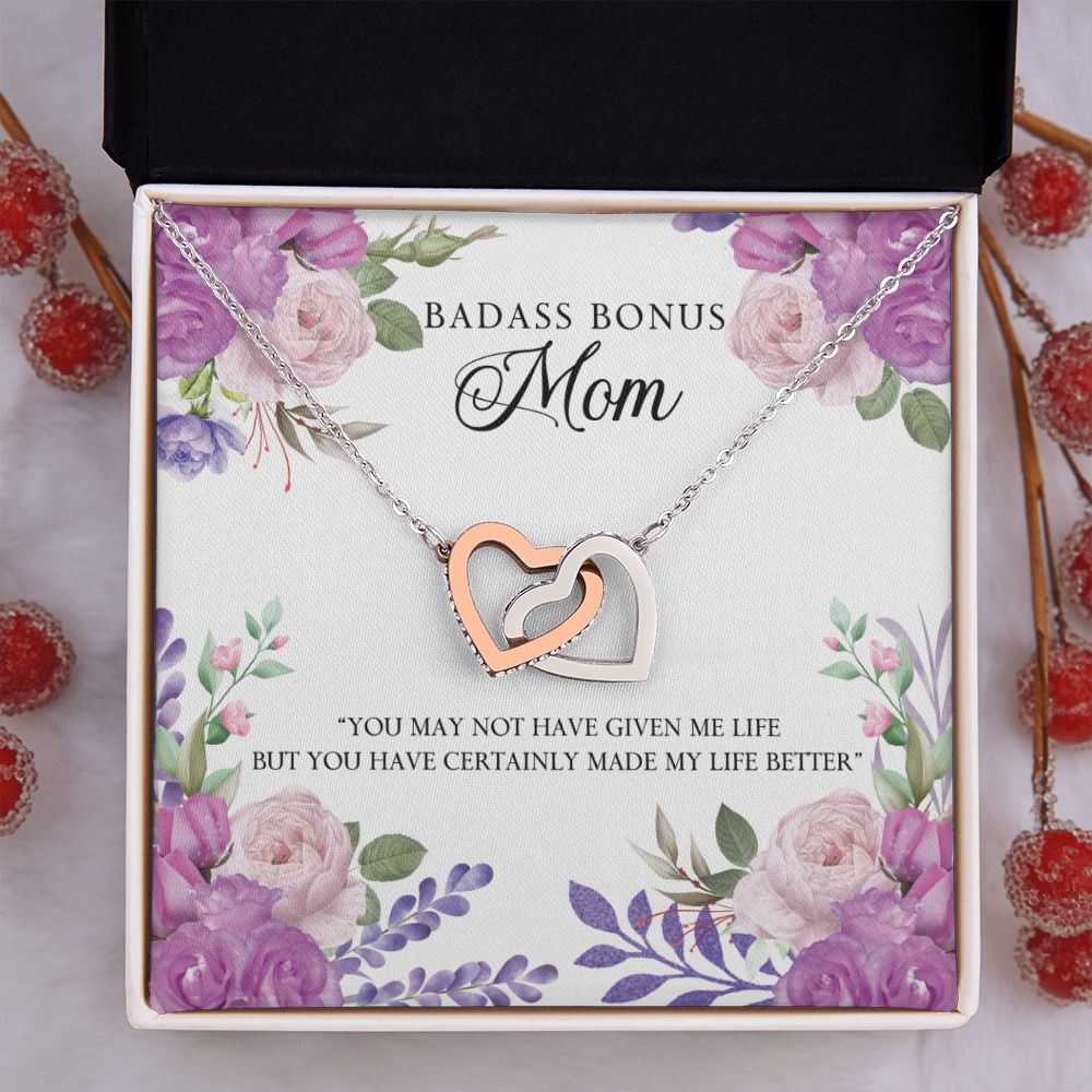 To My Badass Bonus Mom Necklace Pendant Gift From Daughter Or Son Necklace For To Mommy, Mother, Mother In Law Gift On Birthday, Anniversary Holiday Gift 30821 Interlocking Hearts Necklace