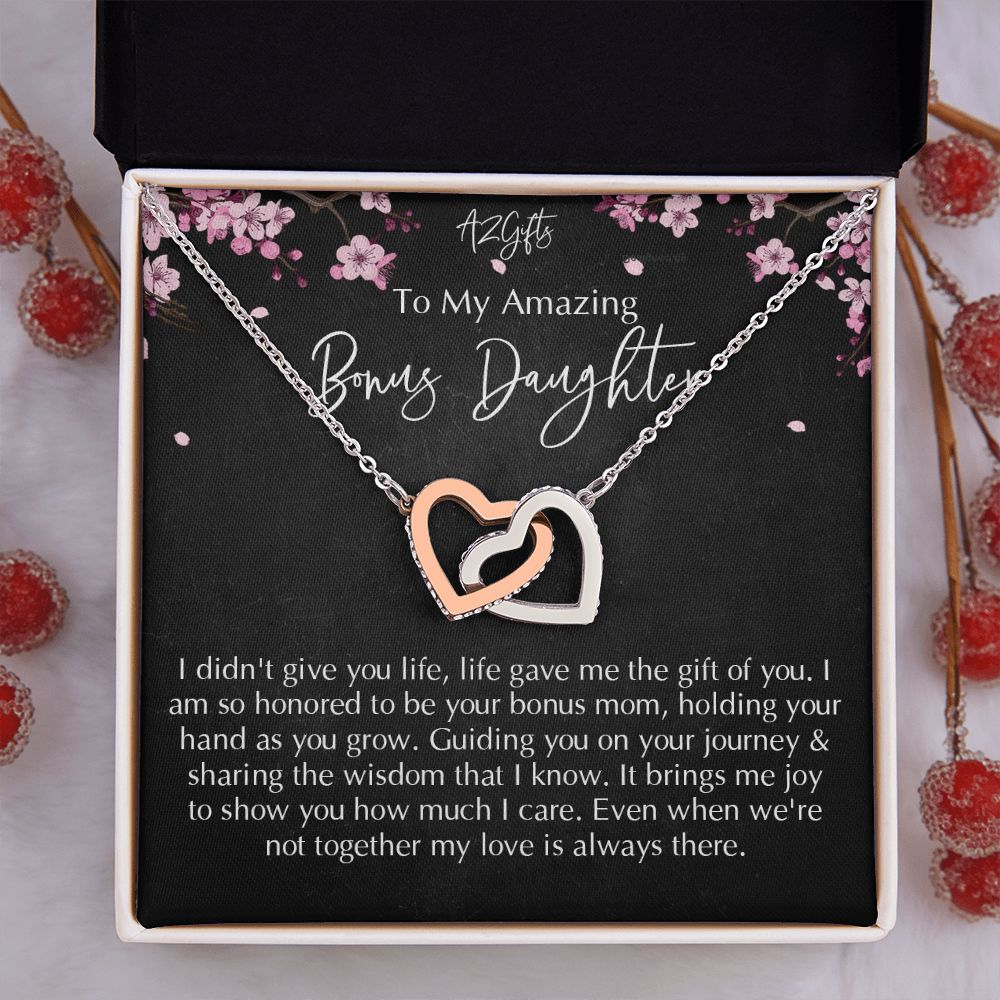 Bonus Daughter Gifts From Stepdad, Step Daughter Gifts From Stepmom, Stepdaughter Gifts From Stepdad, Father Stepdaughter Necklace, To My Bonus Daughter Necklaces, Christmas Gifts For Bonus D Interlocking Hearts Necklace