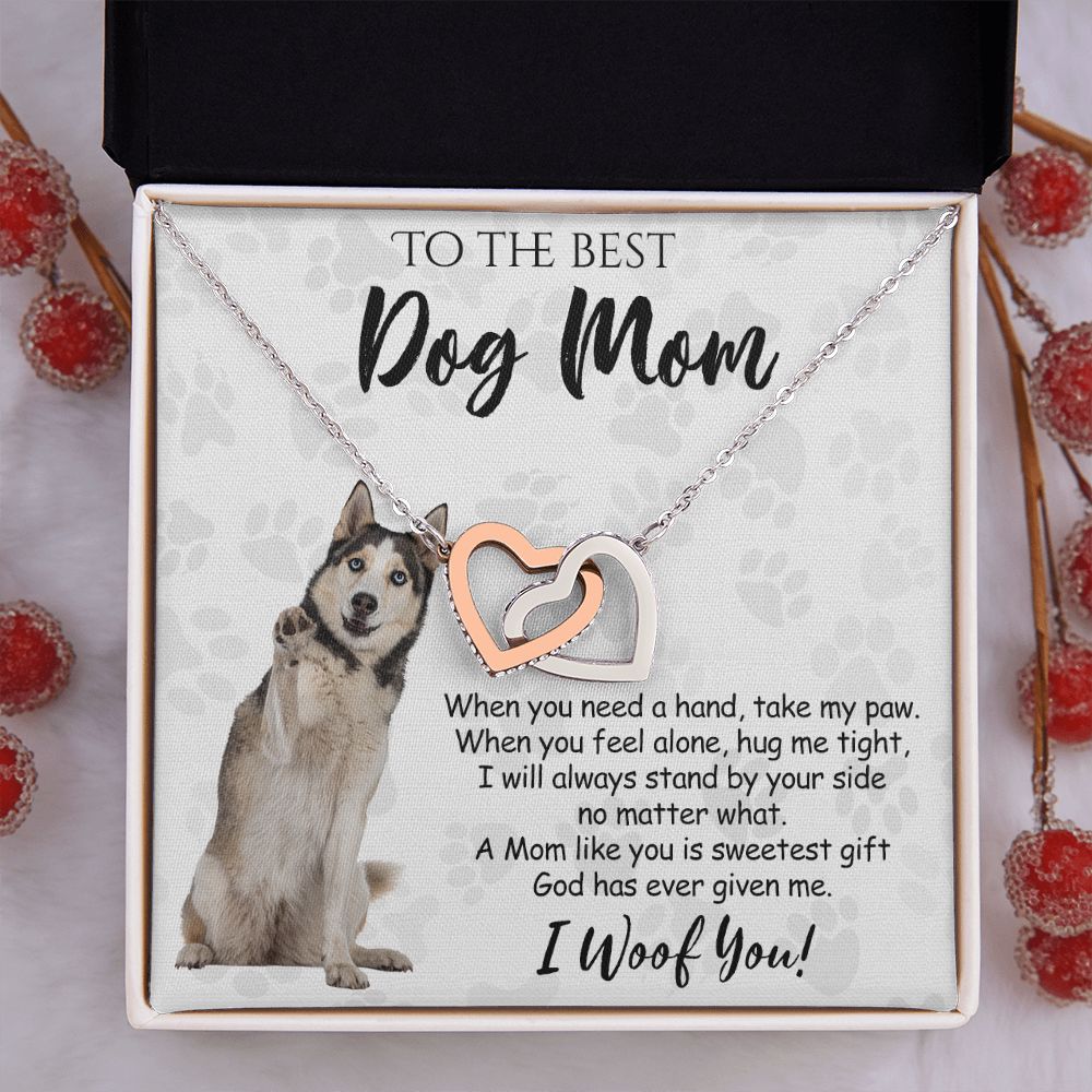 To The Best Husky Dog Mom Knot Necklace Mother's Day Gift , I Woof You Quote Gift Card, Message Card Jewelry For Dog Lovers, Necklace For Mom Interlocking Hearts Necklace
