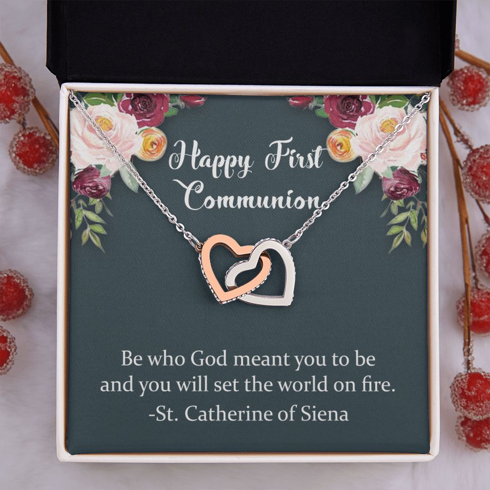 First Communion Necklace, First Communion Gift, First Holy Communion, 1st Communion, Gifts For Girl First Communion Congrats Graduation Pendants Gift For Daughter, Granddaughter, Niece Interlocking Hearts Necklace