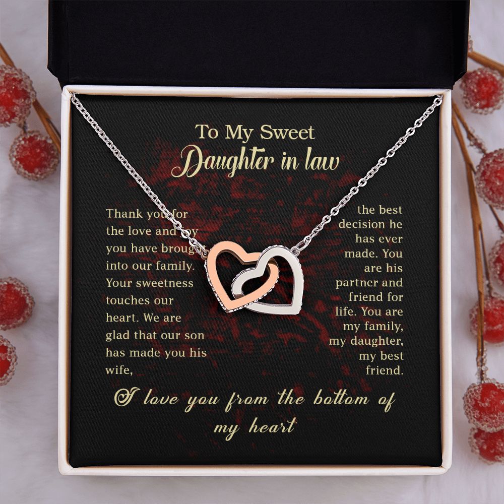 To my Daughter In Law Necklace Pendant Thank You For The Love And Joy With Message Card Gift Box Gift For To Daughter, Daughter In Law On Birthday Anniversary Gift Interlocking Hearts Necklace