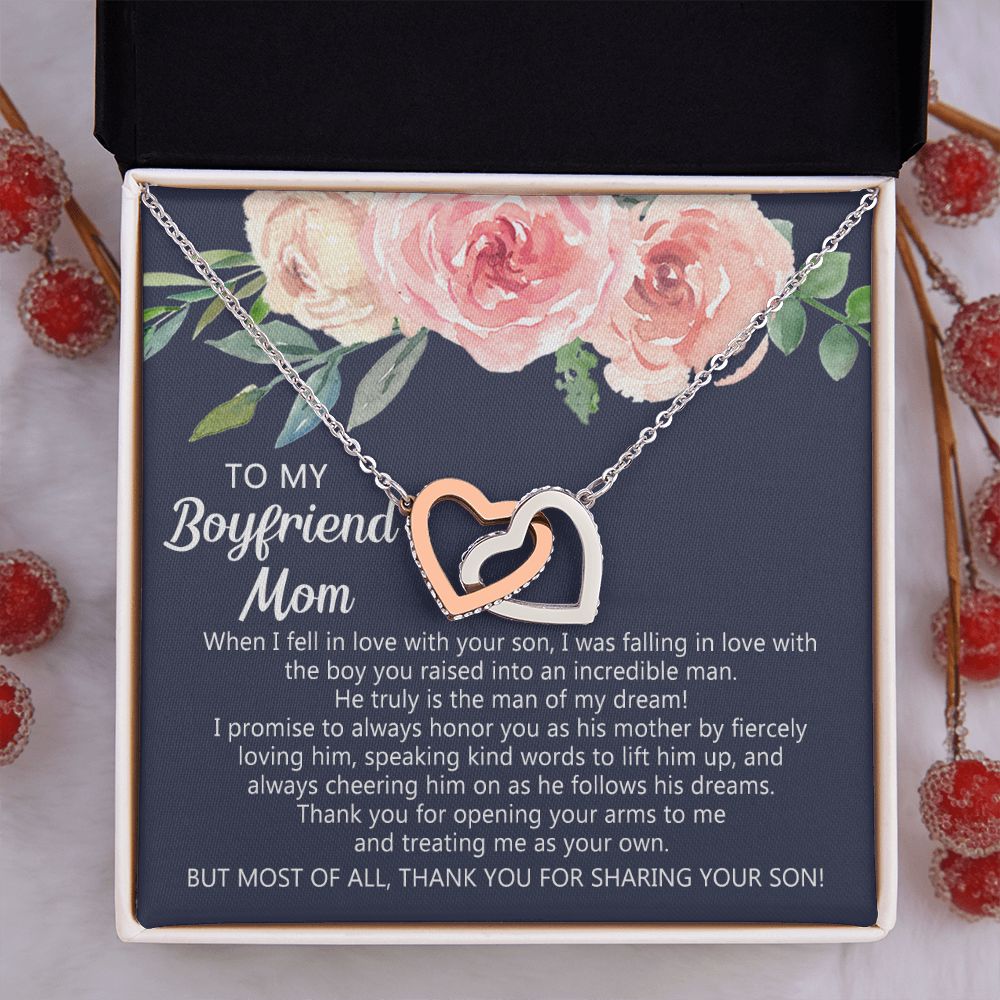 Personalized Gift for Boyfriends Mom, Boyfriends Mom Gift, Message Card Jewelry, To My Boyfriend's Mom Necklace with Message Card, Birthday Mother's Day Necklace for Boyfriend Mother Interlocking Hearts Necklace
