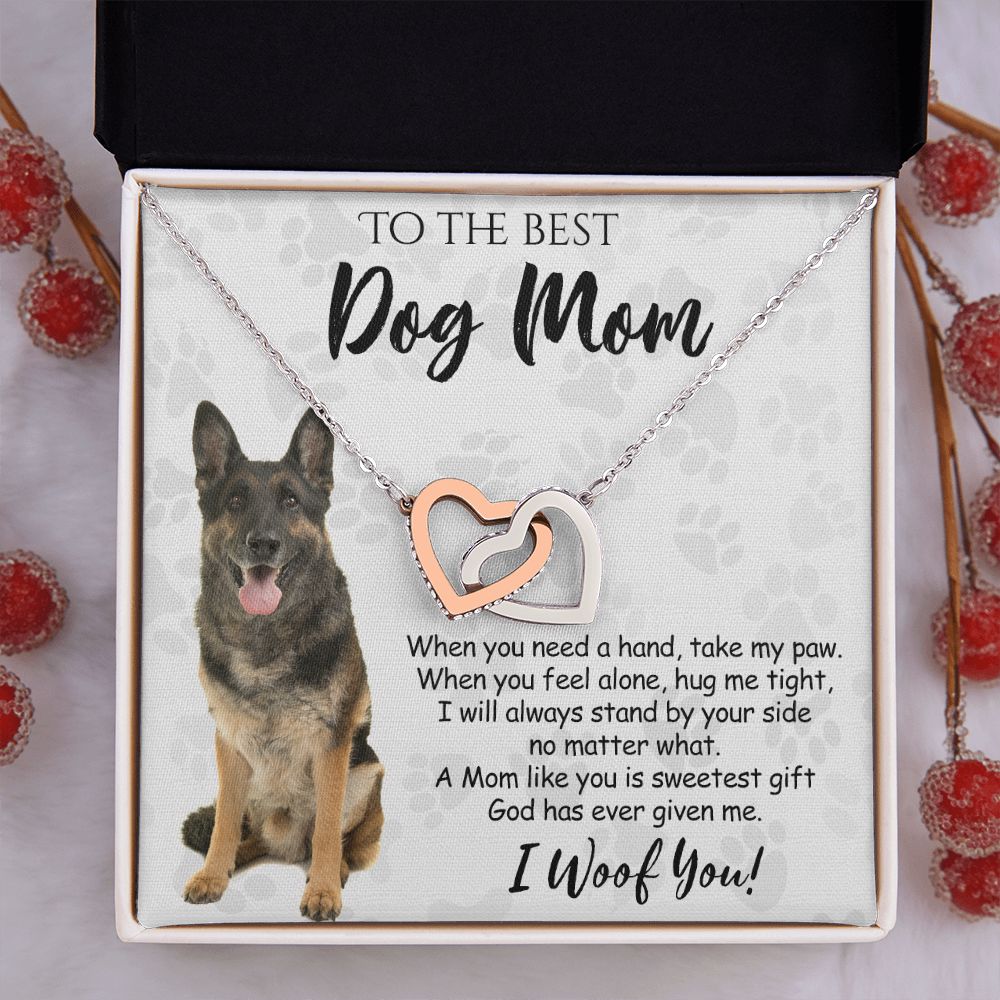 To The Best German Shepherd Dog Mom Knot Necklace Mother's Day Gift , I Woof You Quote Gift Card, Message Card Jewelry For Dog Lovers, Necklace For Mom Interlocking Hearts Necklace