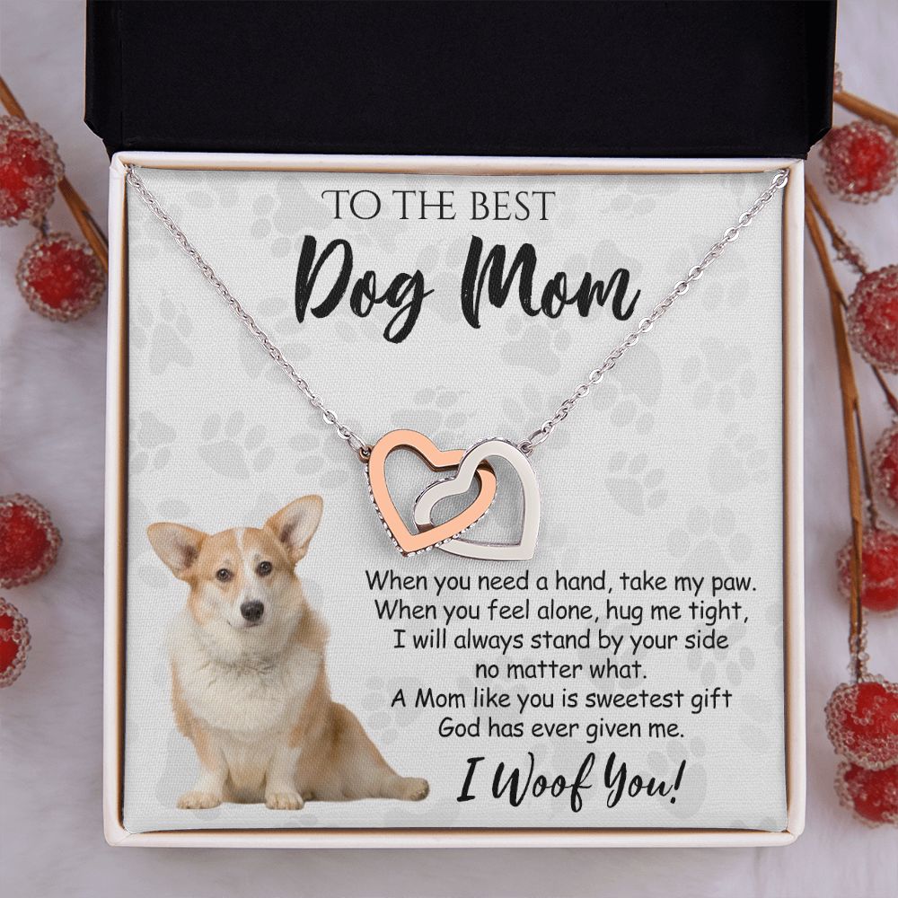 To The Best Corgi Dog Mom Knot Necklace Mother's Day Gift , I Woof You Quote Gift Card, Message Card Jewelry For Dog Lovers, Necklace For Mom Interlocking Hearts Necklace