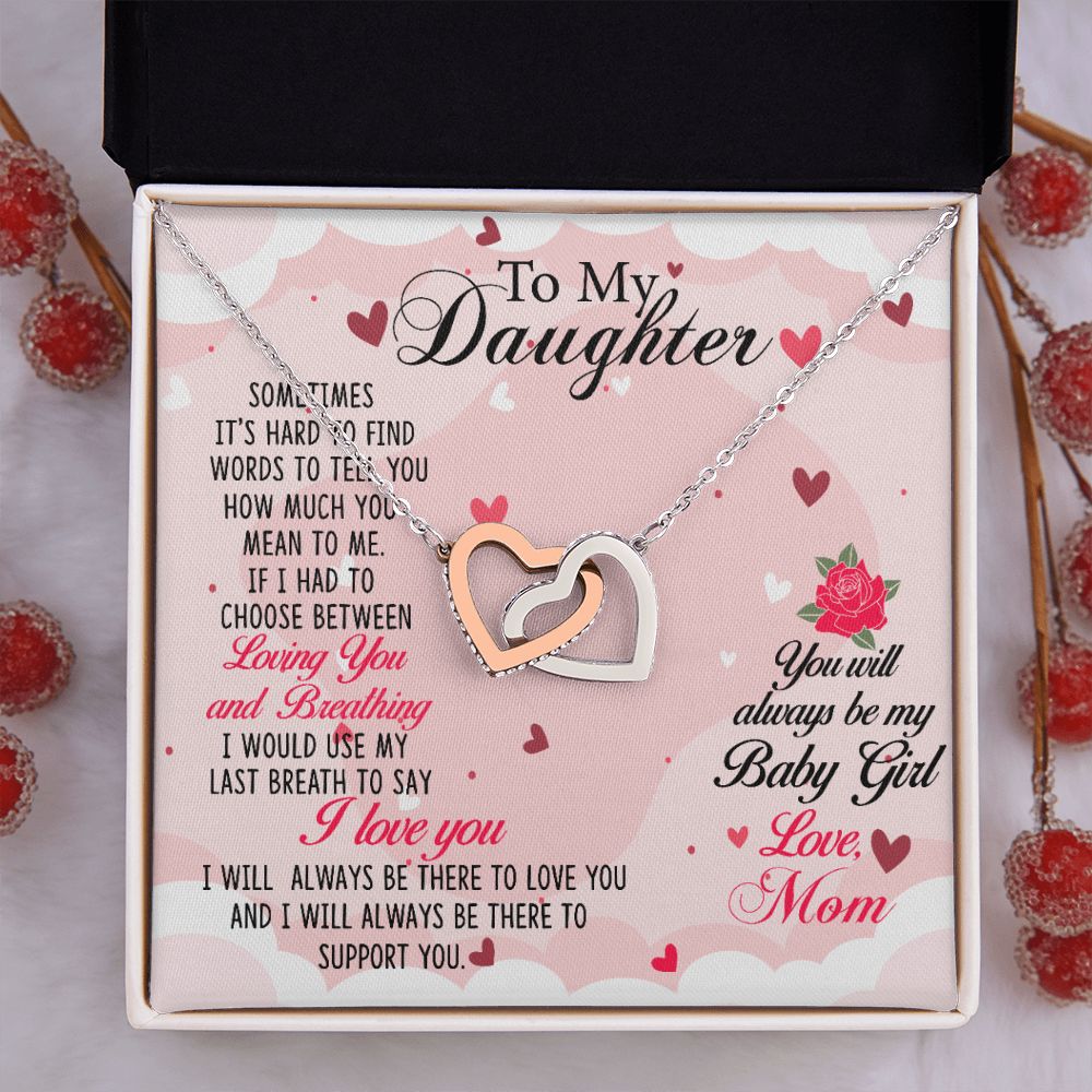 To my Daughter Necklace Pendant Gift From Mom Loving You And Breathing With Message Card Gift Box Gift For To Daughter, Daughter In Law On Birthday Anniversary Interlocking Hearts Necklace