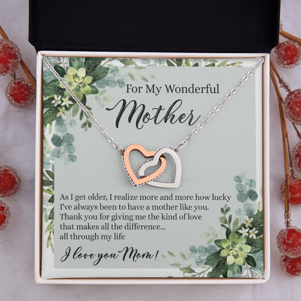 To My Wonderful Mother Necklace Message Card, Gift Box for Mom Birthday Gift From Daughter Mothers Day Necklace for Mom Gift From Daughter Mom Gifts For Mom Thank You Gift For Mom Interlocking Hearts Necklace
