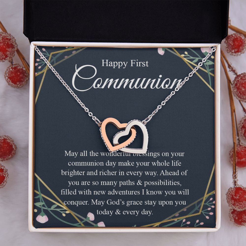 Interlocking Hearts Necklace, For First Communion Gift First Holy Communion Congrats Graduation Pendants Gift For Daughter, Granddaughter, Niece, Sister Interlocking Hearts Necklace