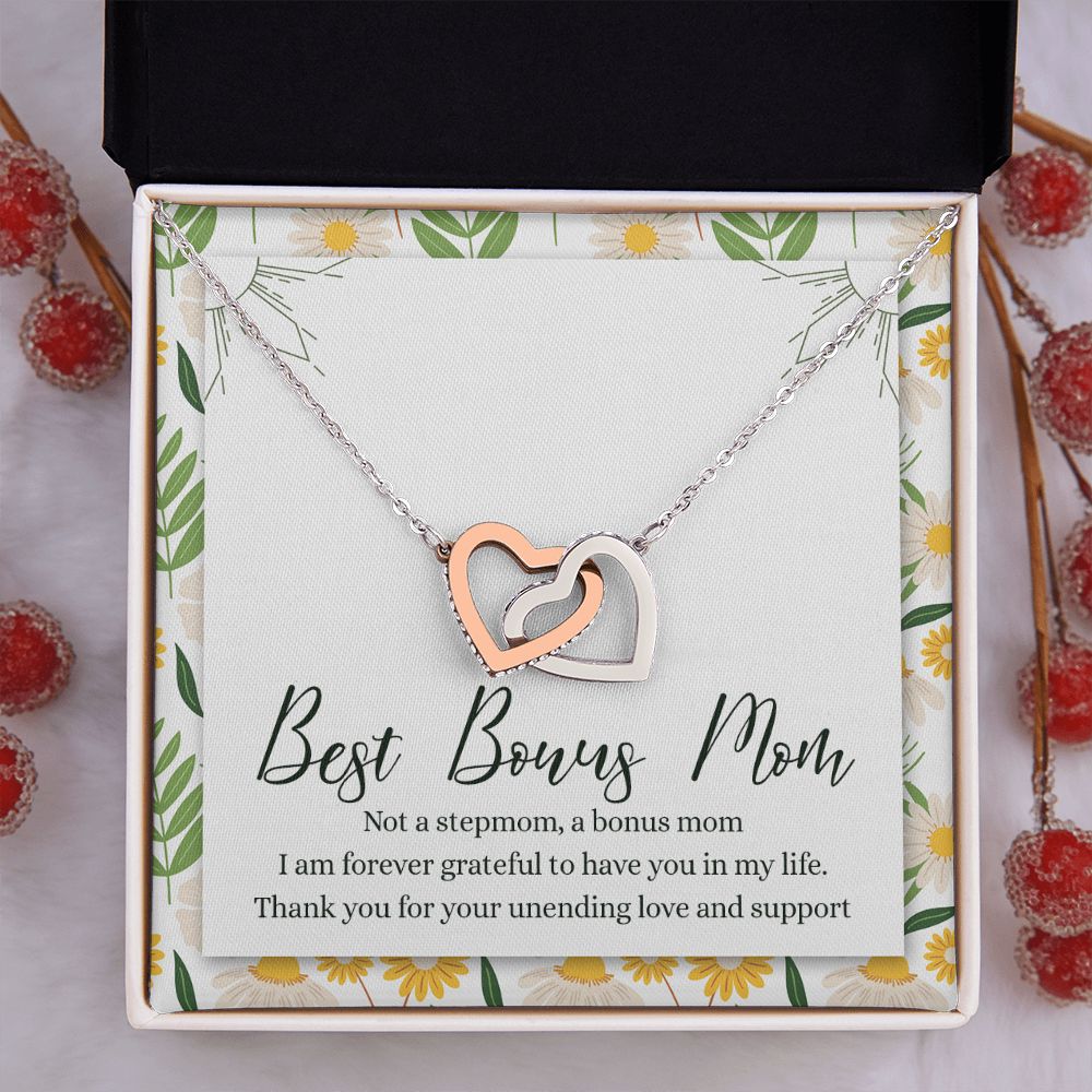 To My Best Bonus Mom Necklace Message Card, Jewelry for Bonus Mom Gift, Step Mom Wedding Gift for Stepmother Of The Bride Gift Thank You For Bonus Mom Necklace for Stepmom Wedding Gift Interlocking Hearts Necklace