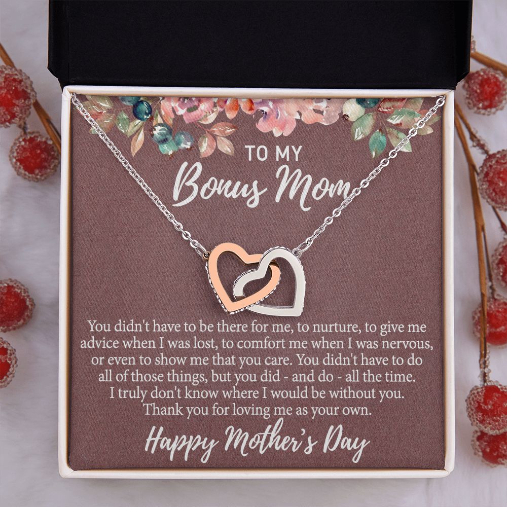To My Bonus Mom Necklace, Gift for Bonus Mother From Bonus Daughter to Stepmom Jewelry Gift for Mother's Day, Valentine's, Birthday, Anniversary Interlocking Hearts Necklace