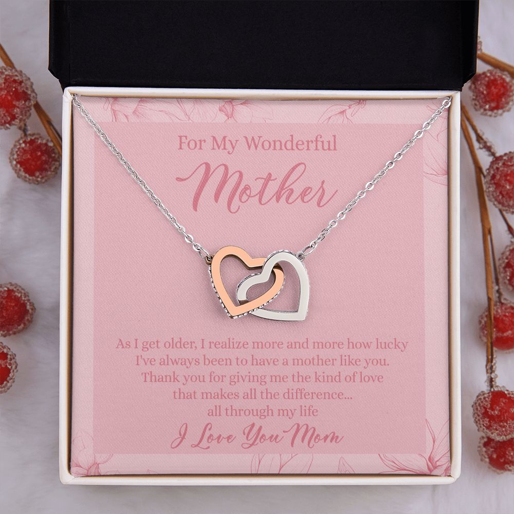 To My Wonderful Mother Necklace Message Card, Gift Box for Mom Birthday Gift From Daughter Mothers Day Necklace for Mom Gift From Daughter Mom Gifts For Wedding Mom Thank You Gift For Mom Interlocking Hearts Necklace