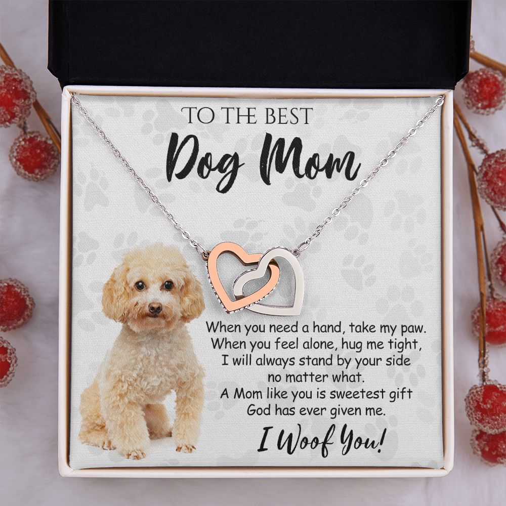 To The Best Poodle Dog Mom Knot Necklace Mother's Day Gift , I Woof You Quote Gift Card, Message Card Jewelry For Dog Lovers, Necklace For Mom Interlocking Hearts Necklace