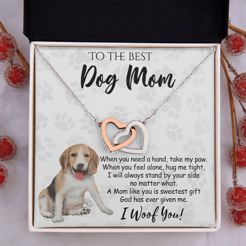 To The Best Beagle Dog Mom Knot Necklace Mother's Day Gift , I Woof You Quote Gift Card, Message Card Jewelry For Dog Lovers, Necklace For Mom Interlocking Hearts Necklace