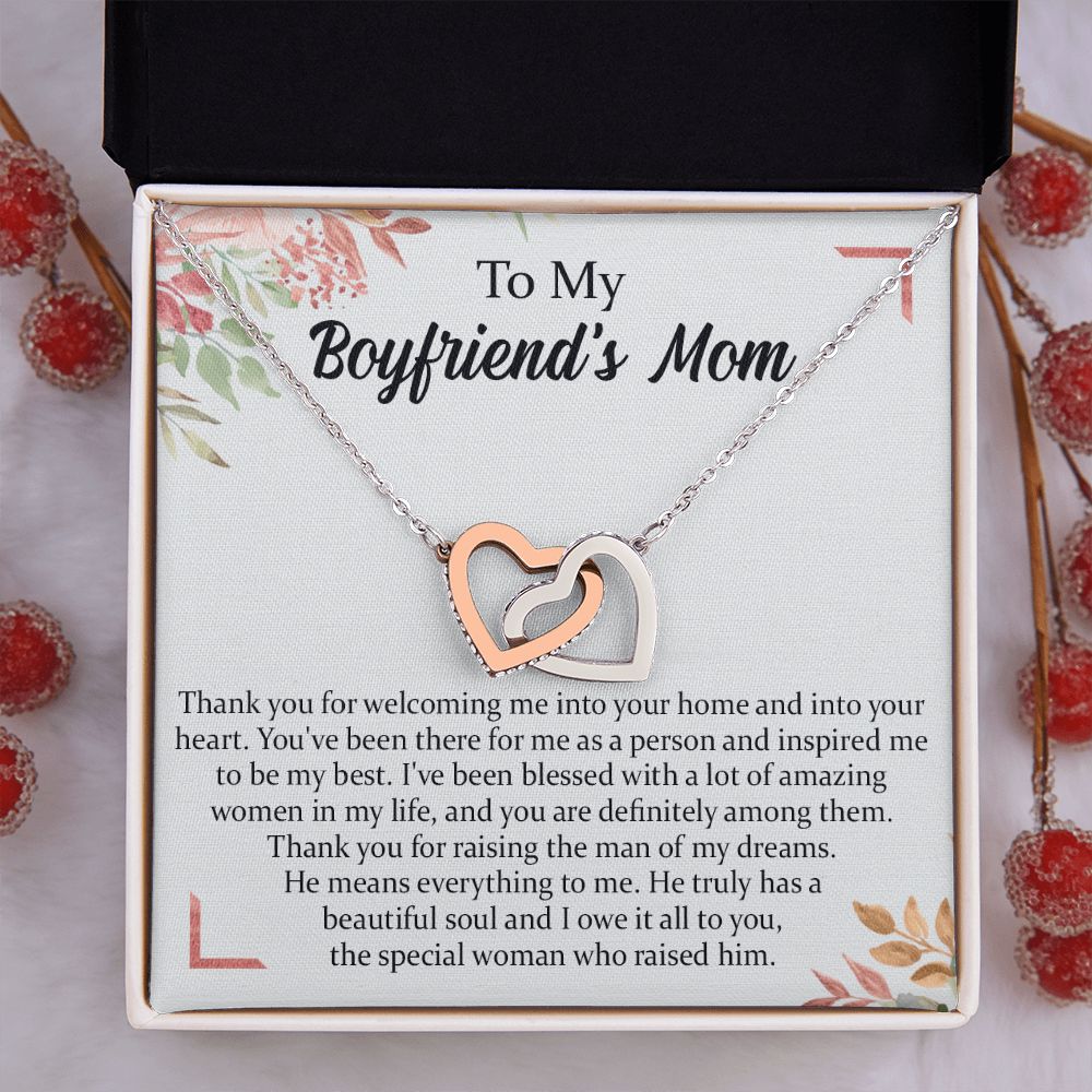 To My Boyfriend's Mom Necklace, Thank You for Raising Man Necklace, Gift to My Boyfriend's Mom for Mothers Day Birthday, Christmas, Going Away, Retirement Jewelry for Women Interlocking Hearts Necklace