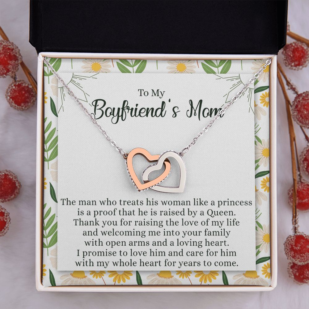 To My Boyfriend's Mom Necklace with Message Card Box, Boyfriends Mom Gift Necklace for Boyfriends Mom Mother Girlfriends to Boyfriend Mom Gift for Mom of Boyfriend Custom Message Card Interlocking Hearts Necklace