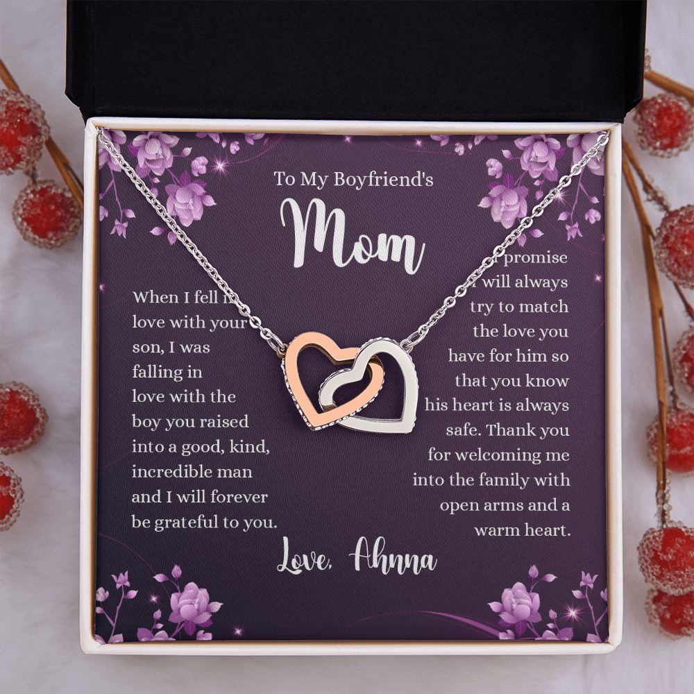 To My Boyfriends Mom Necklace with Message Card Jewelry Custom Card Necklace for Boyfriends Moms Birthday Gift For Boyfriend’s Mom, Mother’s Day Gift Jewelry for Boyfriends Mom Interlocking Hearts Necklace