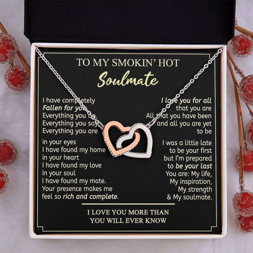 To My Smokin Hot Soulmate Necklace - Wife Gifts From Husband To My Wife Necklace, Gift for Her Romantic, Girlfriend Gifts Necklace for Wife from Men Includes Message Card and Gift Box 2 Interlocking Hearts Necklace