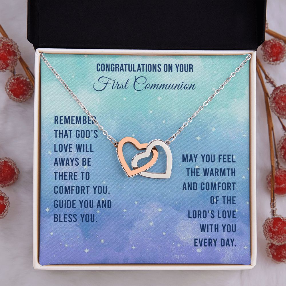First Communion - Remember that God’s love will Interlocking Hearts Necklace