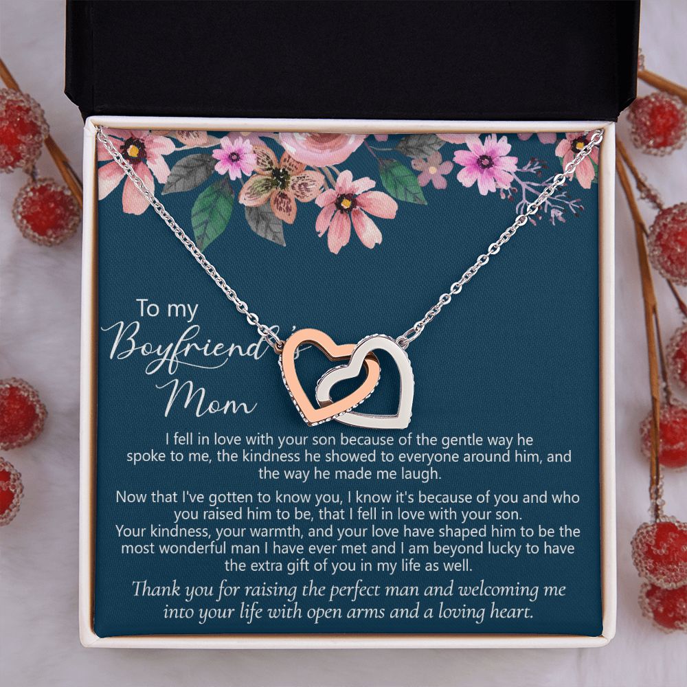 To My Boyfriend's Mom Gift Boyfriend Mother Solid Gold Necklace for Christmas Birthday Mother's Day, Message Card to Mother in Law Interlocking Hearts Necklace