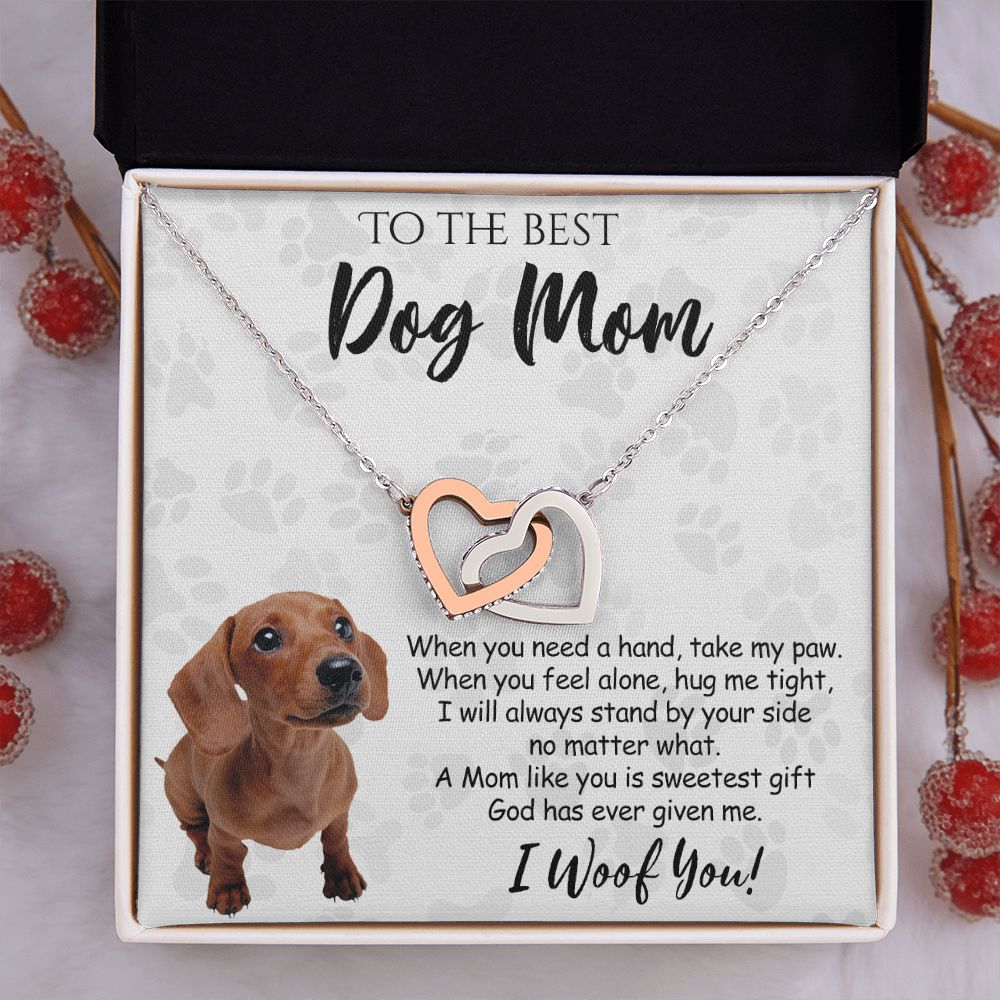 To The Best Dachshund Dog Mom Knot Necklace Mother's Day Gift , I Woof You Quote Gift Card, Message Card Jewelry For Dog Lovers, Necklace For Mom Interlocking Hearts Necklace