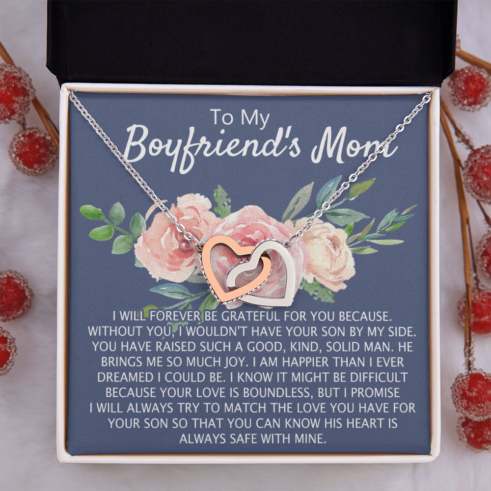 To My Boyfriend's Mom Necklace Pendant Jewelry Gift for Boyfriend's Mom on Mothers Day Birthday Present Jewelry Gift Box for Boyfriend's Mom Gift Personalized Custom Necklace for Women Interlocking Hearts Necklace