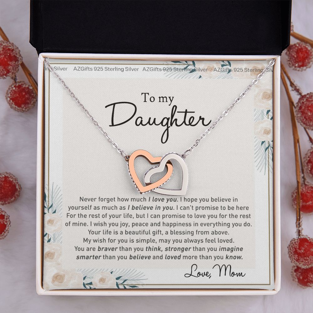To my Beautiful Daughter Necklace With Thoughtful Card Box Gifts for Daughter from Mom Mother Daughter Gifts Jewelry for Daughter Present for Birthday Anniversary Christmas Interlocking Hearts Necklace
