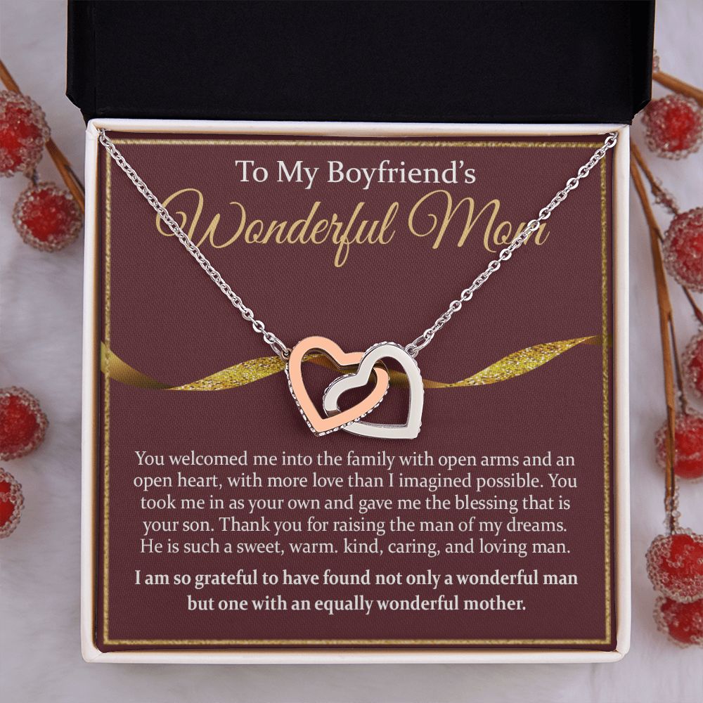 To My Boyfriend's Mom Necklace Mother in Law Jewelry Gift for Christmas Birthday Mother's Day Gift Jewelry Box and Message Card to Boyfriends Mother Gift from Girlfriend Interlocking Hearts Necklace