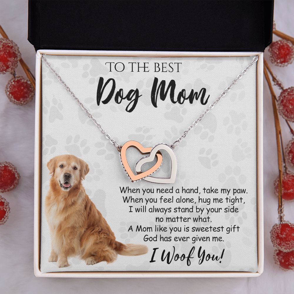 To The Best Golden Retriever Dog Mom Knot Necklace Mother's Day Gift , I Woof You Quote Gift Card, Message Card Jewelry For Dog Lovers, Necklace For Mom Interlocking Hearts Necklace