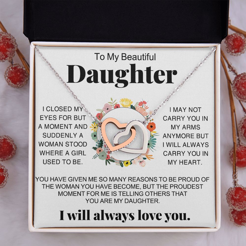 Jewelry Pendant Present for Daughter, To My Daughter Gift Necklace from Mom, Mother Daughter Gift Ideas, Birthday Christmas Gift Graduation Gifts for Daughters, Mother and Daughter Necklace 16 Interlocking Hearts Necklace