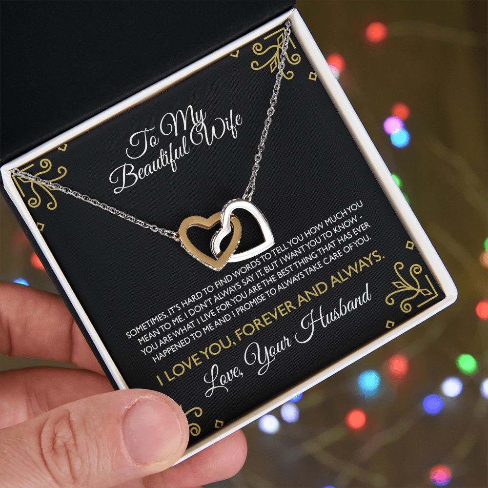 To My Beautiful Wife Necklace From Husband Interlocking Heart Necklace Pendant Jewelry with Message Card and Box Necklaces for Women Valentines Day Happy Anniversary Present for Birthday Merry Christmas for Wife