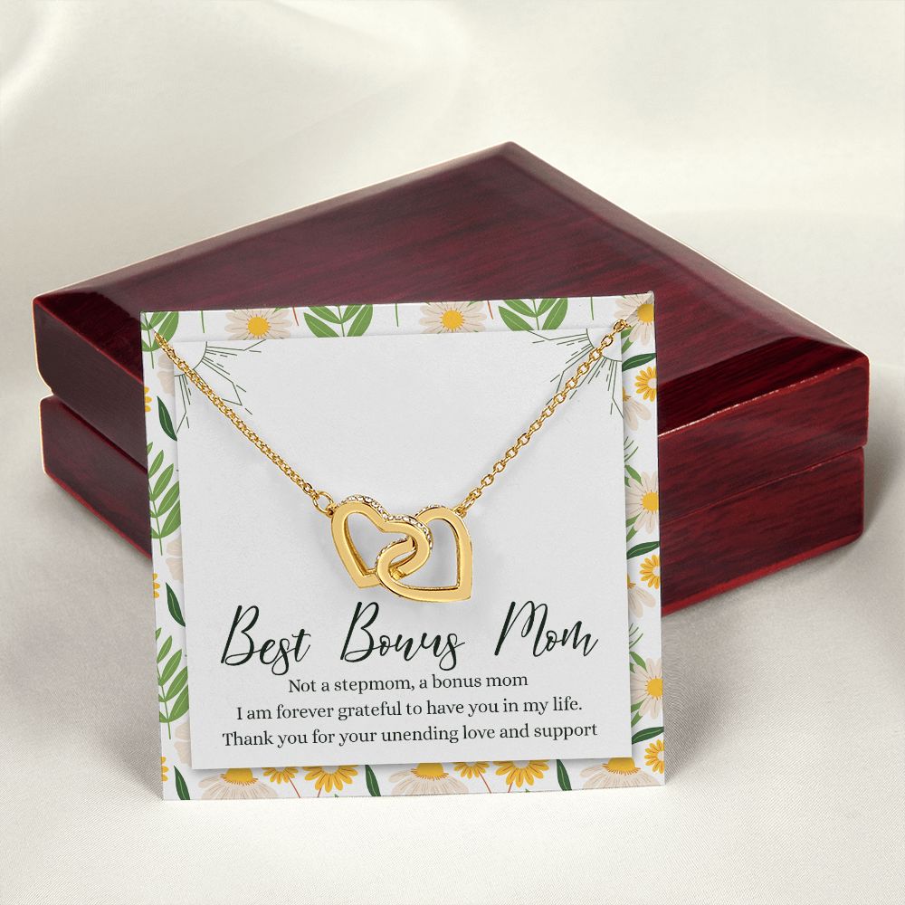 To My Best Bonus Mom Necklace Message Card, Jewelry for Bonus Mom Gift, Step Mom Wedding Gift for Stepmother Of The Bride Gift Thank You For Bonus Mom Necklace for Stepmom Wedding Gift Interlocking Hearts Necklace