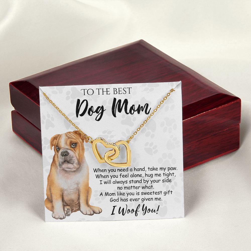 To The Best BullDog Mom Knot Necklace Mother's Day Gift , I Woof You Gift Card, Message Card Jewelry For Dog Lovers, Necklace For Mom Interlocking Hearts Necklace