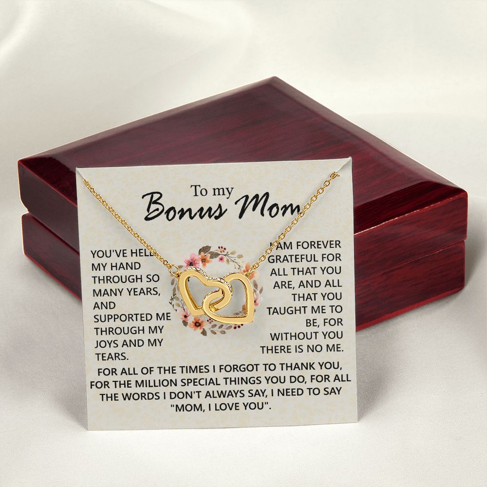 Bonus Mom Jewelry Gift for Stepmom, Foster Mom - Featuring Necklace With Meaningful Message Card & Gift Box for Birthday, Mother's Day Necklace for Bonus Mom Interlocking Hearts Necklace