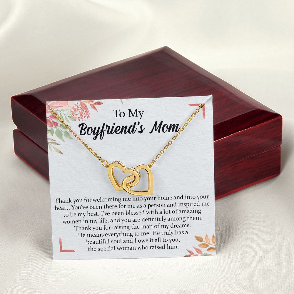 To My Boyfriend's Mom Necklace, Thank You for Raising Man Necklace, Gift to My Boyfriend's Mom for Mothers Day Birthday, Christmas, Going Away, Retirement Jewelry for Women Interlocking Hearts Necklace
