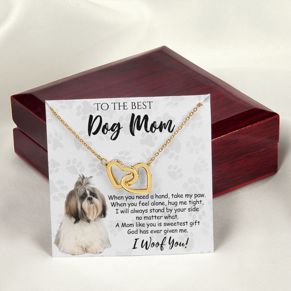 To The Best Shih Tzu Dog Mom Knot Necklace Mother's Day Gift , I Woof You Quote Gift Card, Message Card Jewelry For Dog Lovers, Necklace For Mom Interlocking Hearts Necklace