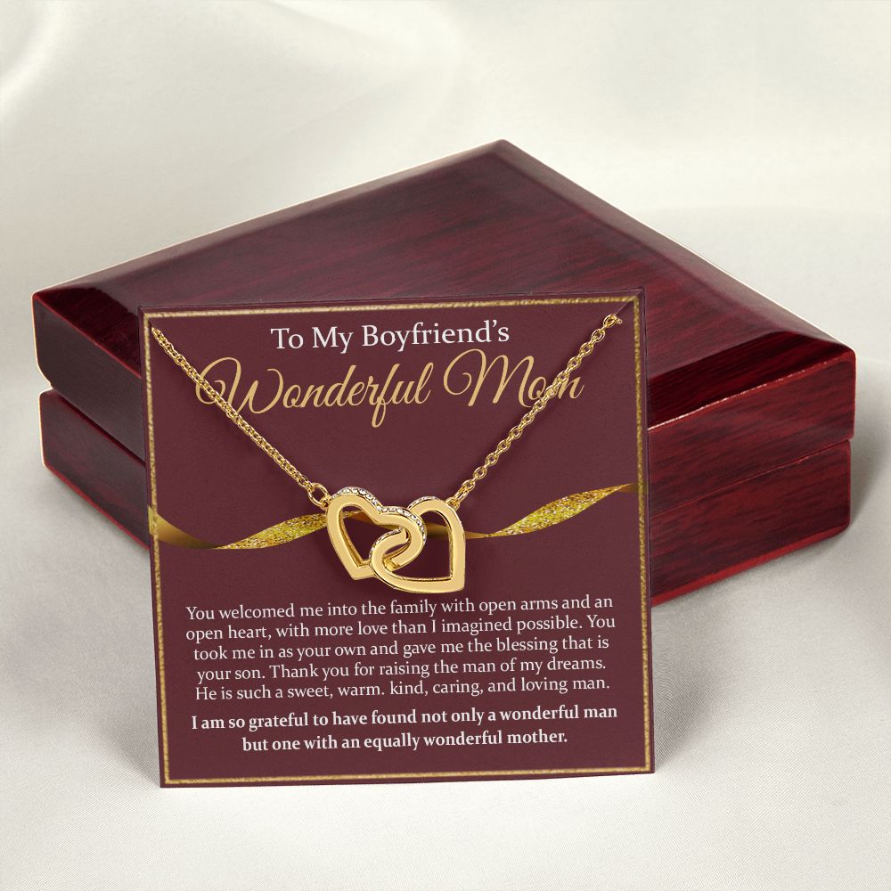 To My Boyfriend's Mom Necklace Mother in Law Jewelry Gift for Christmas Birthday Mother's Day Gift Jewelry Box and Message Card to Boyfriends Mother Gift from Girlfriend Interlocking Hearts Necklace