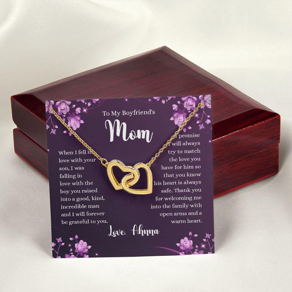 To My Boyfriends Mom Necklace with Message Card Jewelry Custom Card Necklace for Boyfriends Moms Birthday Gift For Boyfriend’s Mom, Mother’s Day Gift Jewelry for Boyfriends Mom Interlocking Hearts Necklace