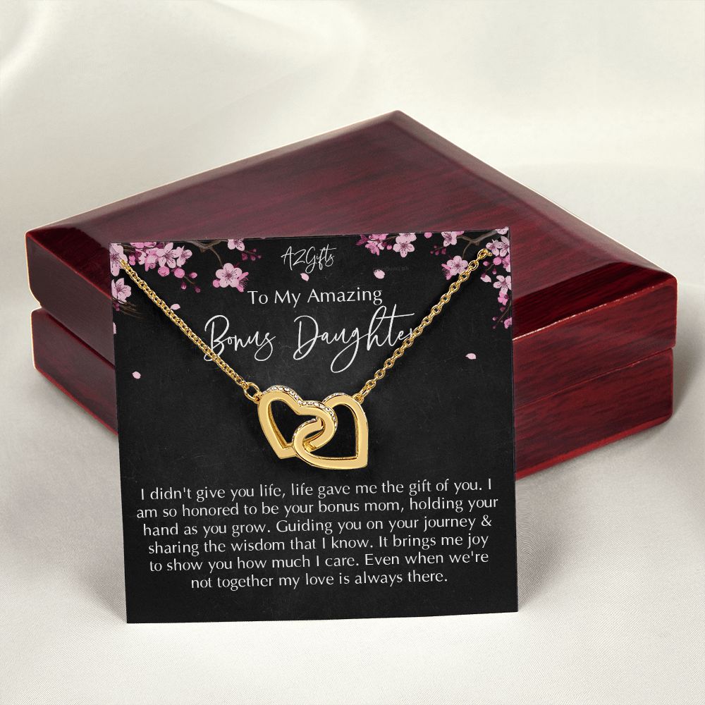 Bonus Daughter Gifts From Stepdad, Step Daughter Gifts From Stepmom, Stepdaughter Gifts From Stepdad, Father Stepdaughter Necklace, To My Bonus Daughter Necklaces, Christmas Gifts For Bonus D Interlocking Hearts Necklace