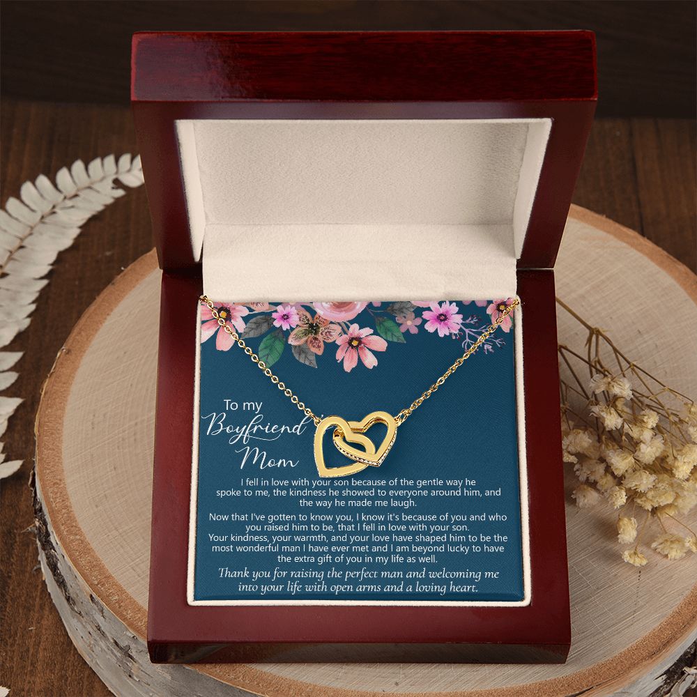 To My Boyfriend's Mom Gift Boyfriend Mother Solid Gold Necklace for Christmas Birthday Mother's Day, Message Card to Mother in Law Interlocking Hearts Necklace
