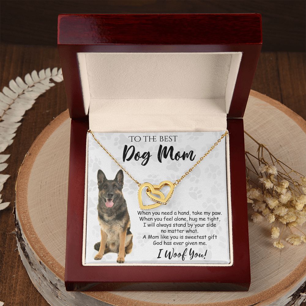 To The Best German Shepherd Dog Mom Knot Necklace Mother's Day Gift , I Woof You Quote Gift Card, Message Card Jewelry For Dog Lovers, Necklace For Mom Interlocking Hearts Necklace