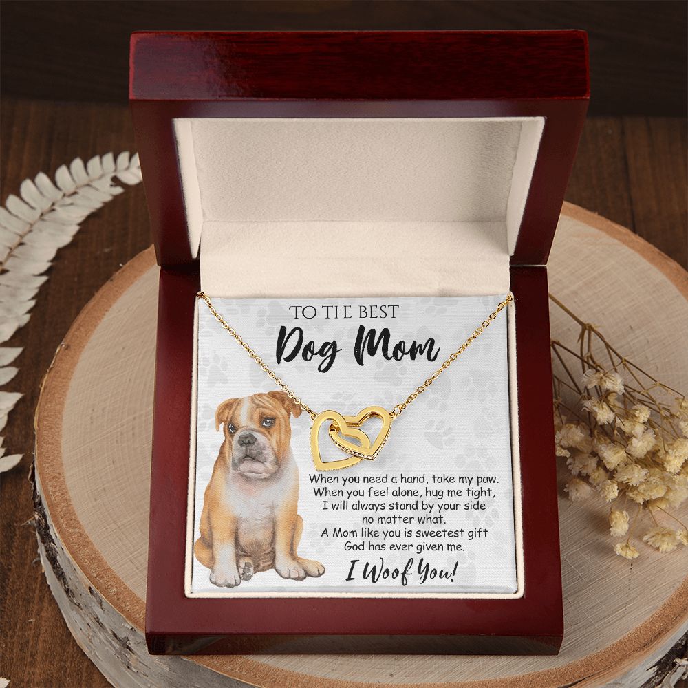 To The Best BullDog Mom Knot Necklace Mother's Day Gift , I Woof You Gift Card, Message Card Jewelry For Dog Lovers, Necklace For Mom Interlocking Hearts Necklace